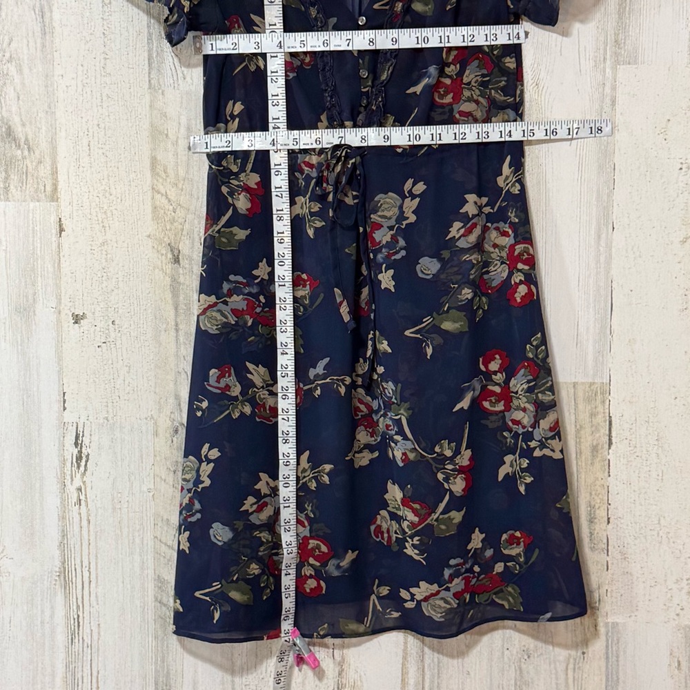 Sheer Mini Dress Cinched Waist Small Ruffle Details Neckline in Floral Navy - Picture 3 of 7